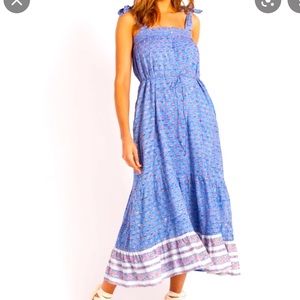 Cleobella Blue Lotus Floral Print Peasant Tie Sleeves Maxi Dress NWT Size XL